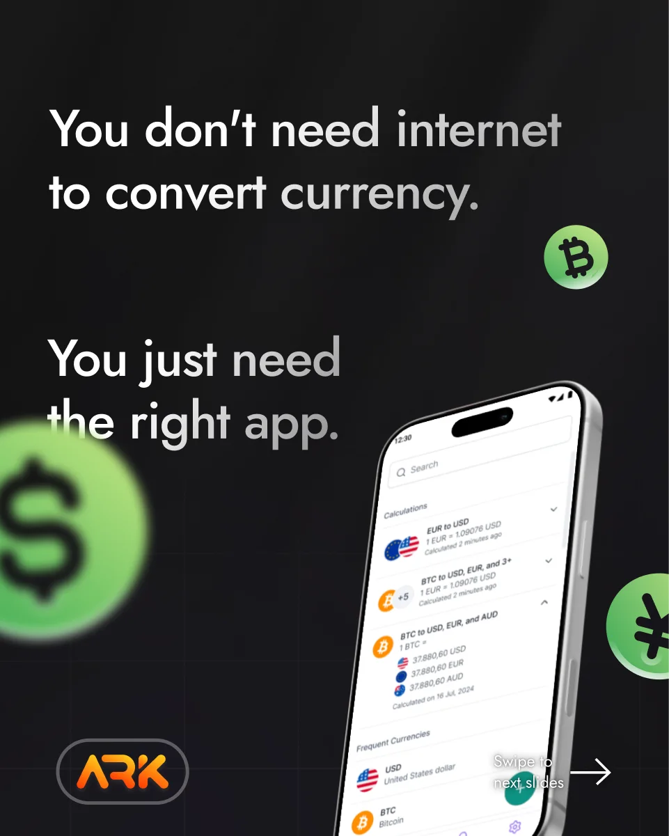 ARK Rate carousel cover showing a phone and currency coins, about converting currency without internet