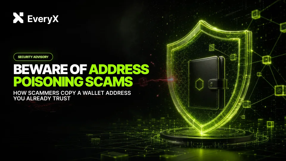 EveryX article banner with a green neon shield, warning about address poisoning scams