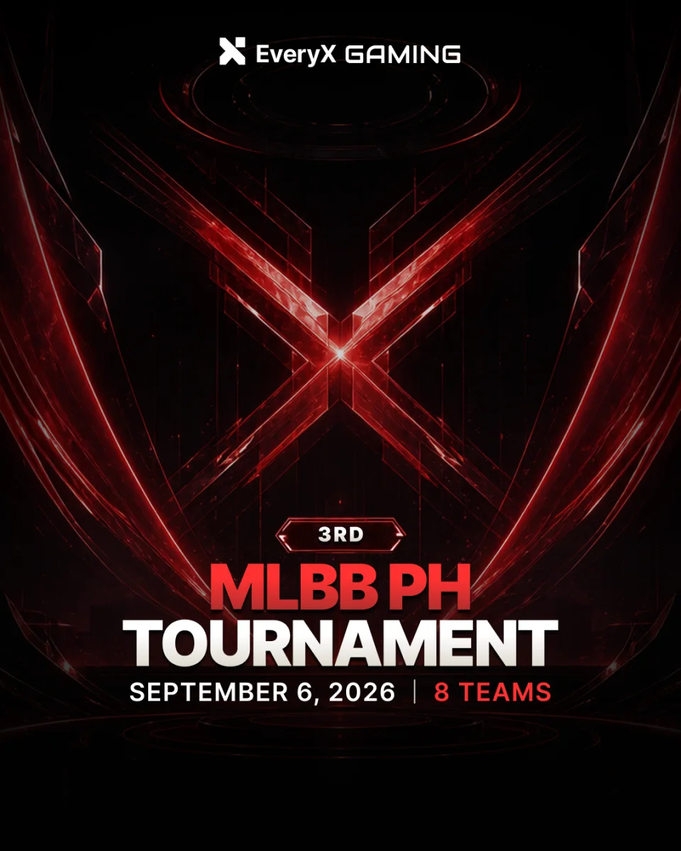 EveryX Gaming poster for the third MLBB PH Tournament, a glowing red X on black