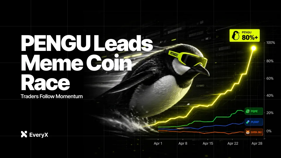 EveryX article banner with a racing penguin and a rising yellow chart line