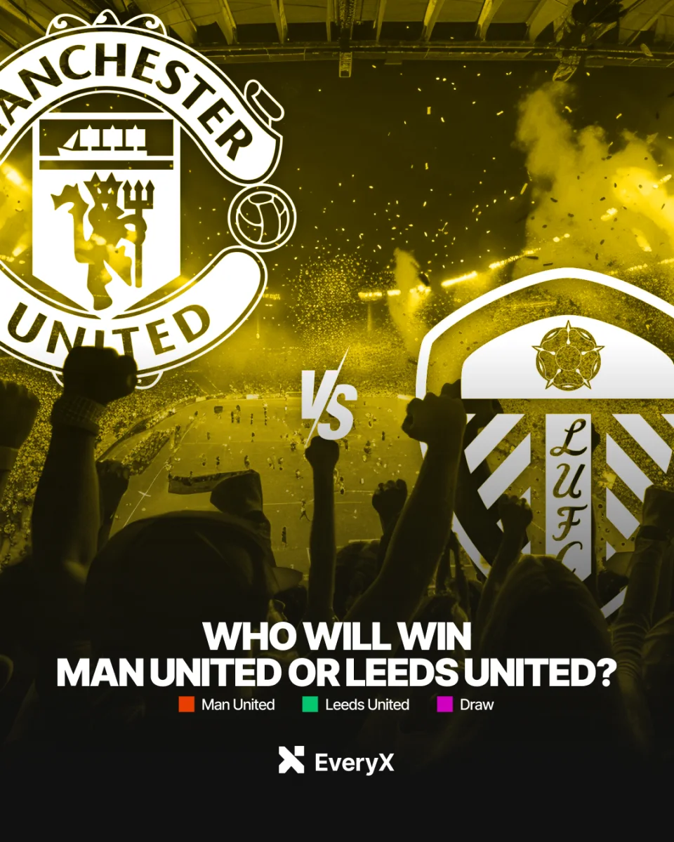 Yellow EveryX social post asking who will win, Man United or Leeds United