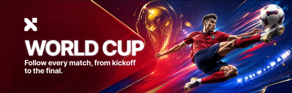 Wide red and blue EveryX website banner for the World Cup, with a footballer mid-kick