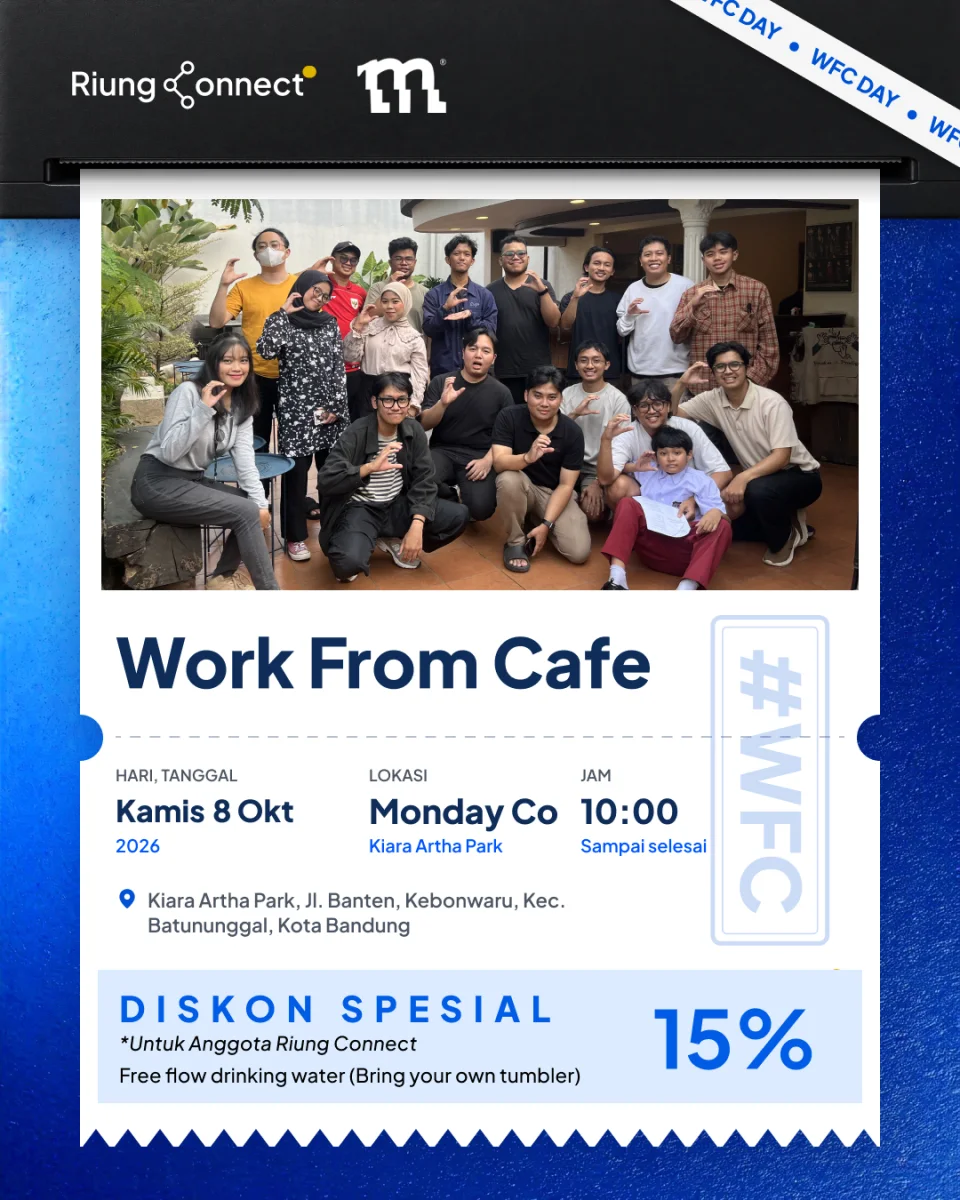 Riung Connect poster for a Work From Cafe day in Bandung, drawn as a ticket coming out of a printer slot