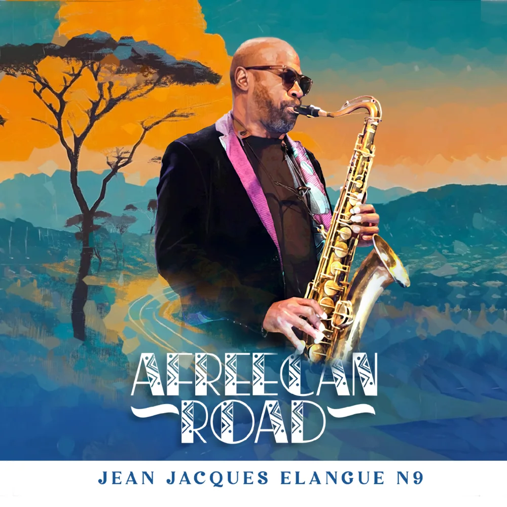 Afreecan Road album cover: a saxophonist against an illustrated orange and teal landscape