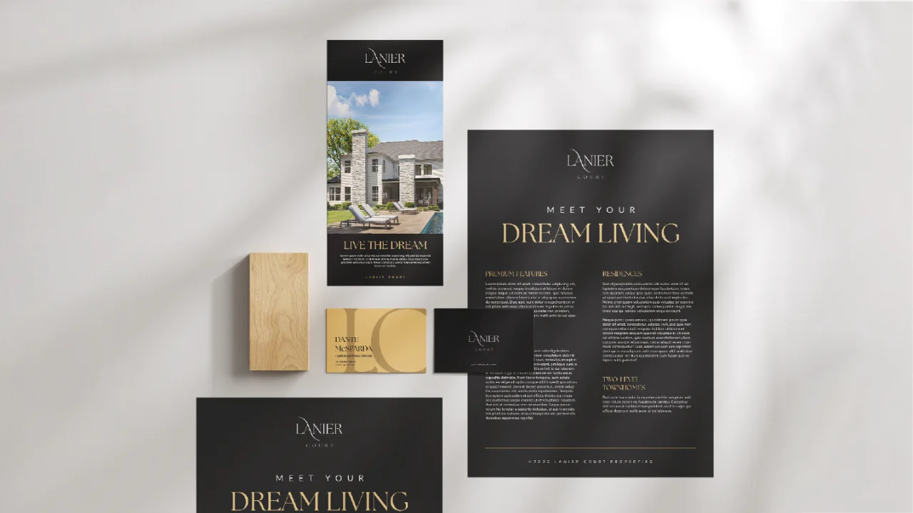 Lanier Court stationery in black and gold: brochure, cards and letterhead