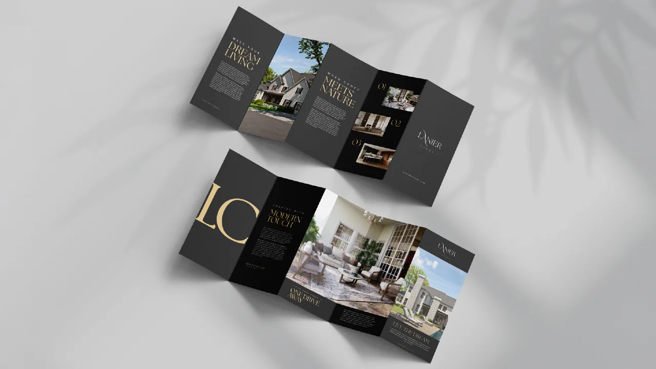Lanier Court trifold brochure, folded and open, in black and gold