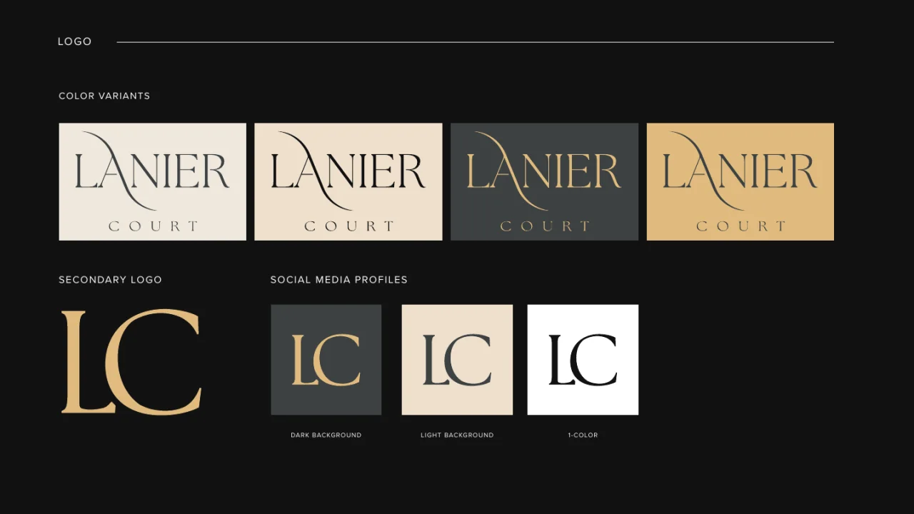 Lanier Court guideline page showing logo colour variants and the LC monogram