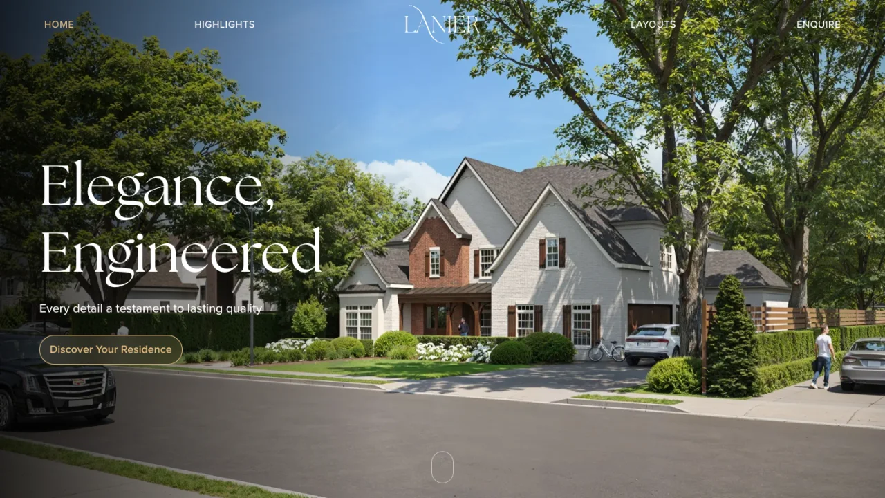 Lanier Court website homepage: Elegance, Engineered, over a rendering of a brick house