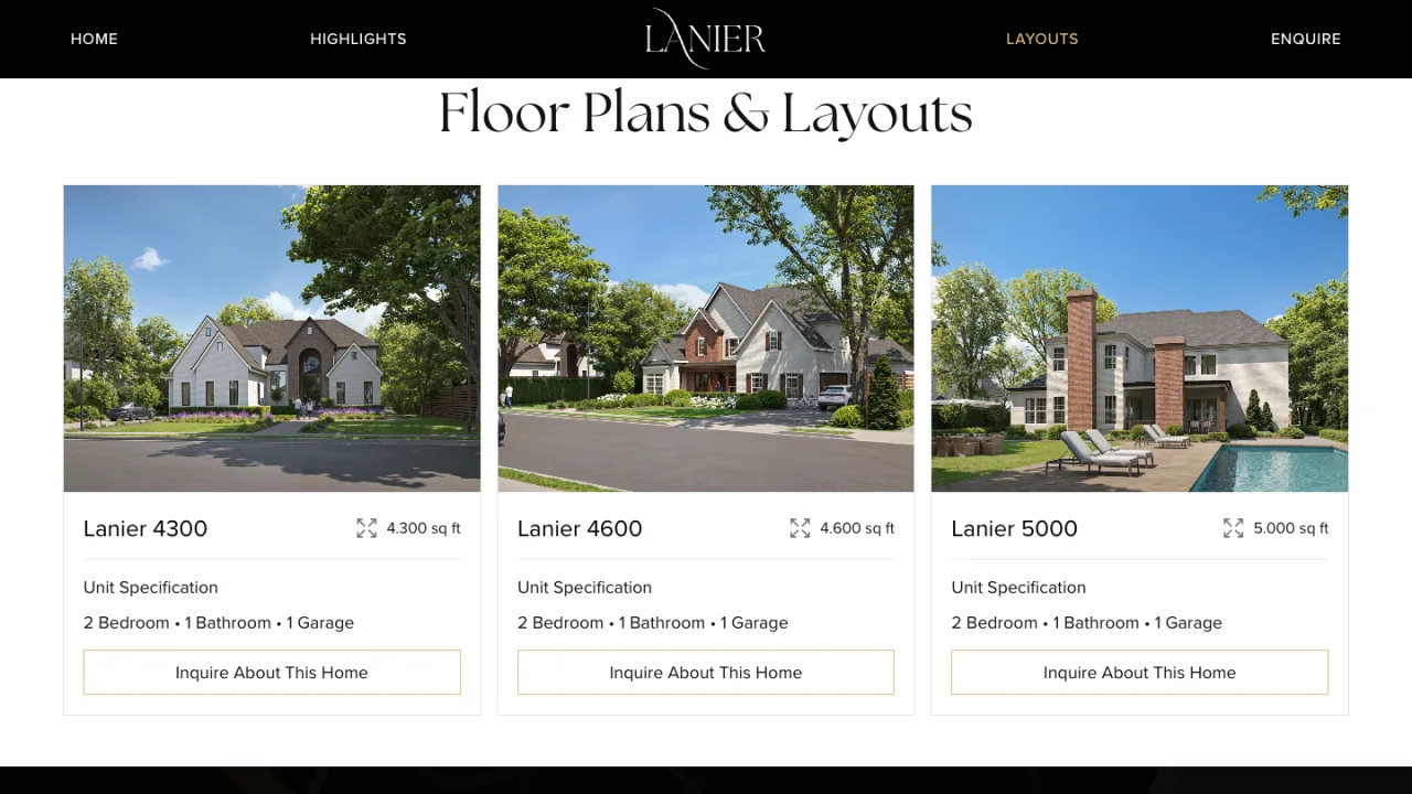 Lanier Court website floor plans section with three home models